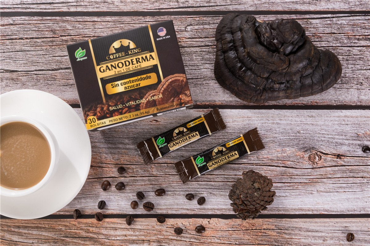 Close-up of Longreen Ganoderma Coffee label noting natural flavors and no artificial additives.