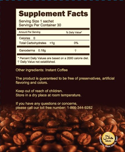 Front of Longreen Ganoderma Coffee packaging showing 30 sachets and sugar-free claim.