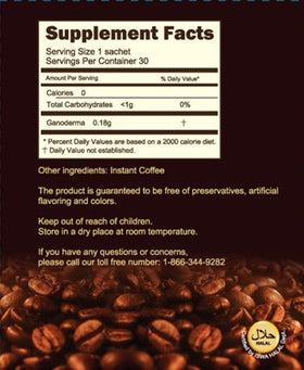 Front of Longreen Ganoderma Coffee packaging showing 30 sachets and sugar-free claim.