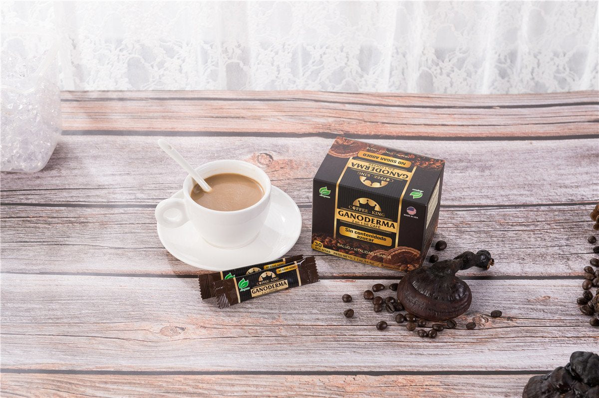 Cup view of Longreen Ganoderma Coffee highlighting a sugar-free serving.