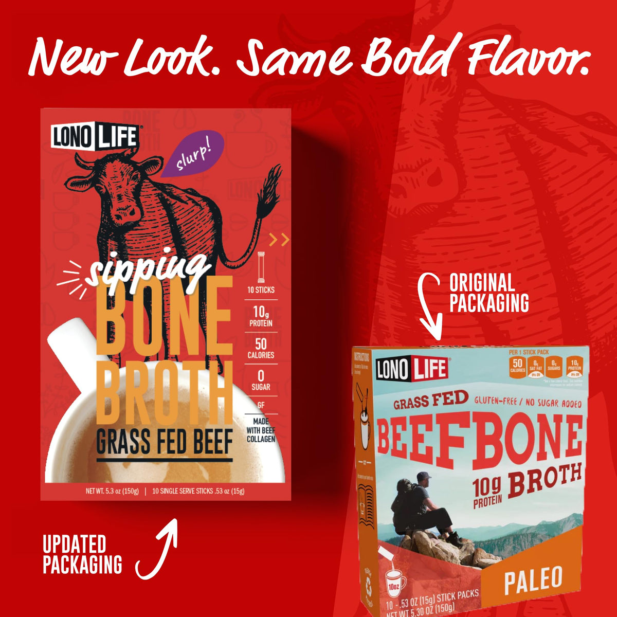 LonoLife beef bone broth powder hot cup showing keto-friendly, warming sip