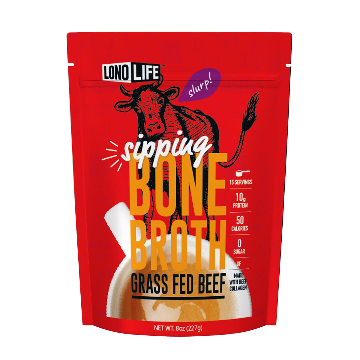 LonoLife beef bone broth powder tub with scoop ready to mix for a protein-rich broth.