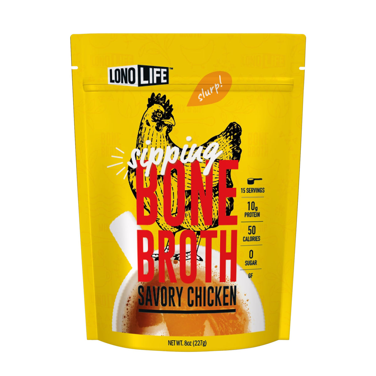 LonoLife chicken bone broth powder jar front highlighting natural ingredients.