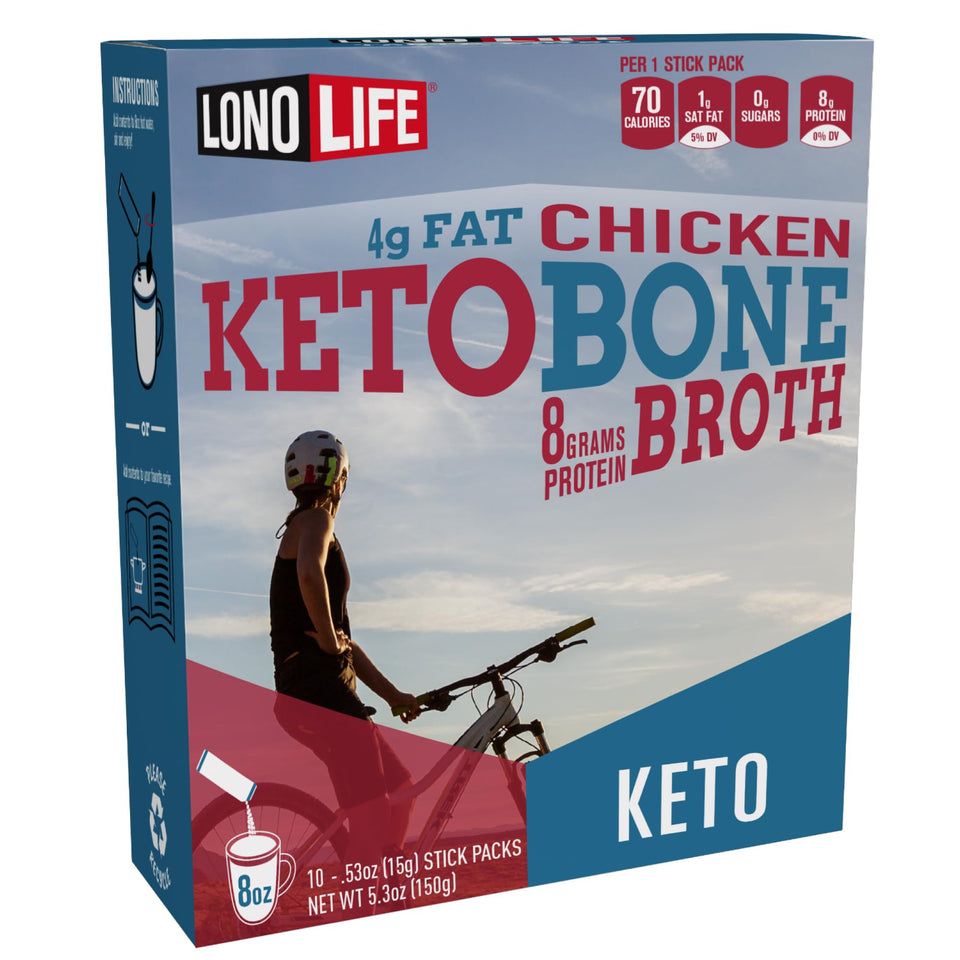 LonoLife Keto Chicken Bone Broth Pack shows portable sticks for on-the-go fueling.