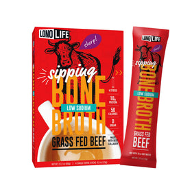 LonoLife low-sodium beef bone broth powder stick pack for convenient protein and hydration on the go.