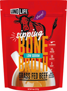 LonoLife low-sodium beef bone broth powder tub showing a protein rich option