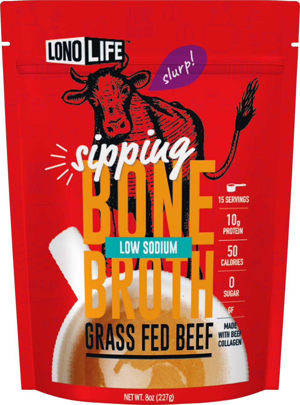 LonoLife low-sodium beef bone broth powder tub showing a protein rich option
