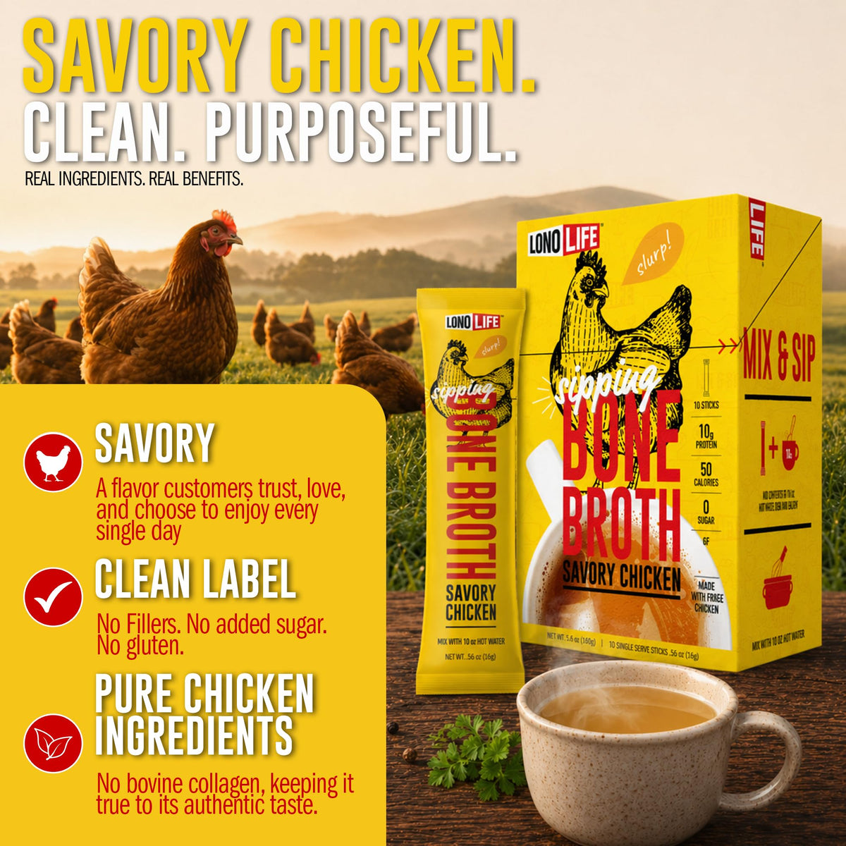 LonoLife 10g protein broth stick delivering a protein-rich serving