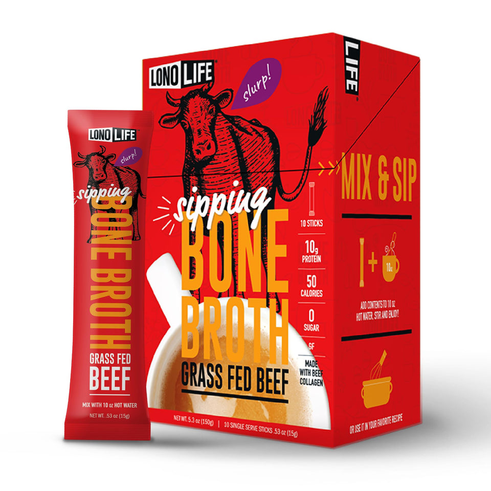LonoLife beef bone broth powder stick pack closeup highlighting natural ingredients