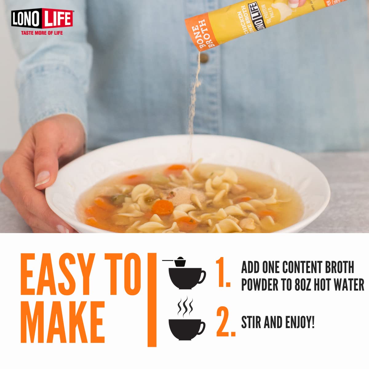 LonoLife bone broth on-the-go consumption at desk