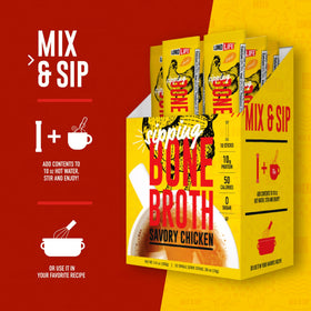 LonoLife bone broth powder stick poured into a mug for convenient flavor
