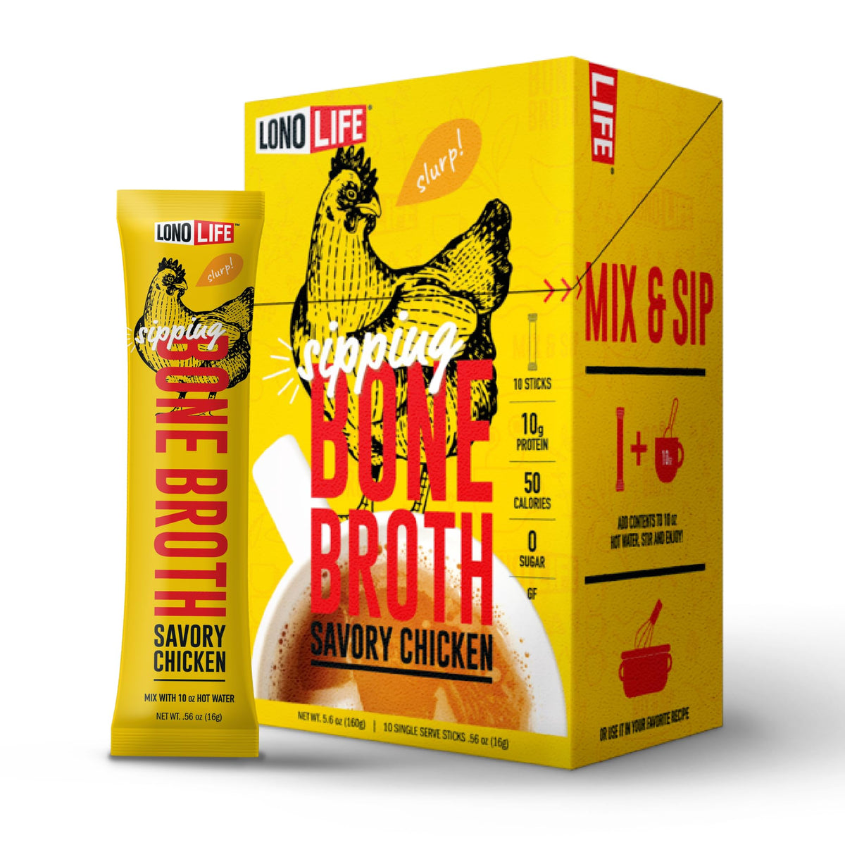 LonoLife chicken bone broth powder stick pack ready for a quick protein boost