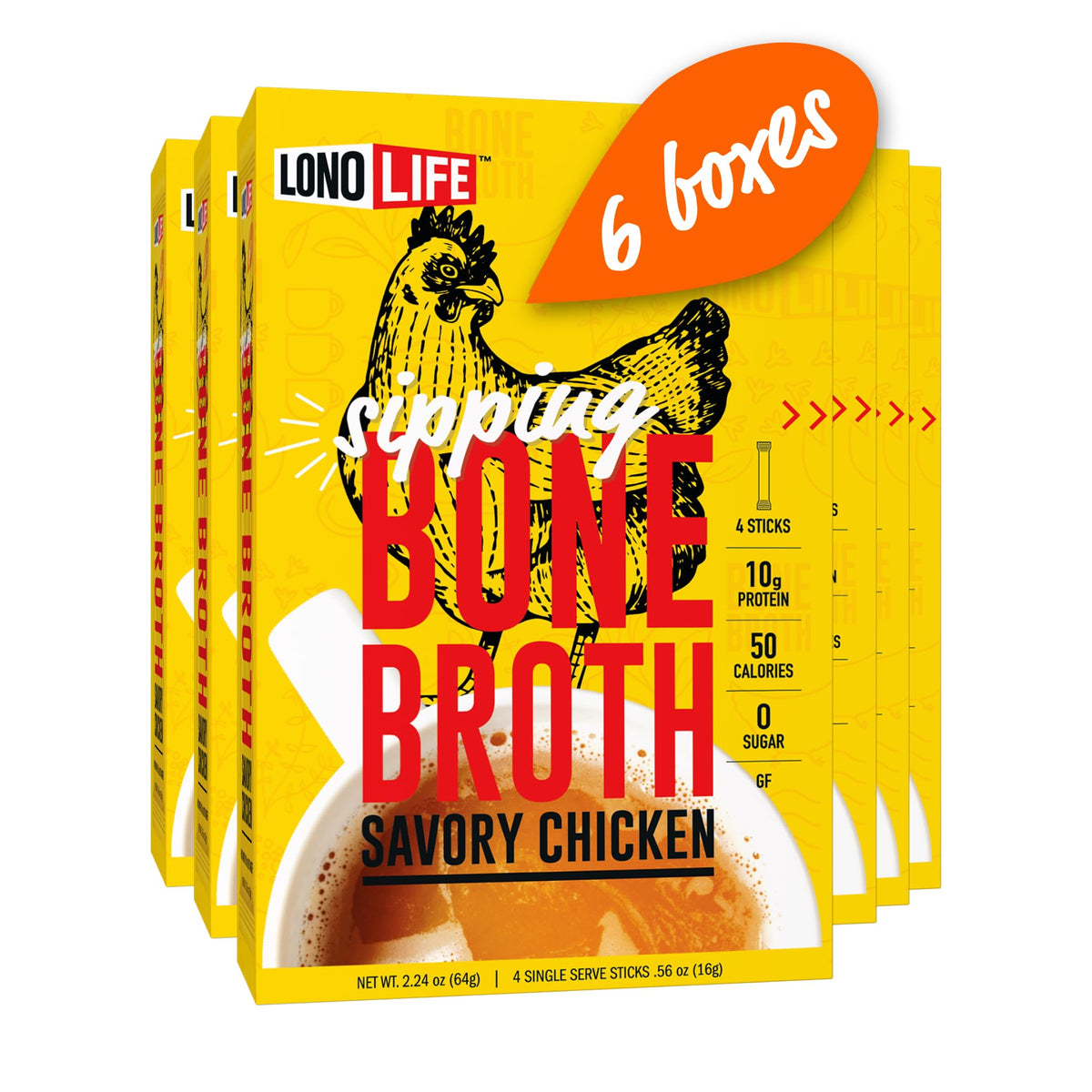 LonoLife chicken bone broth powder stick-pack ready for on-the-go protein boost.