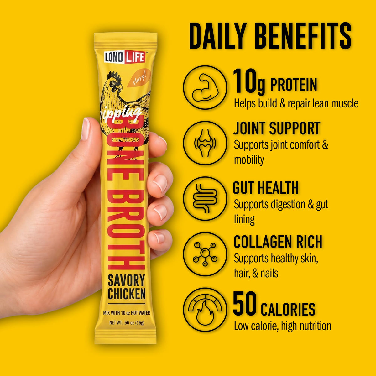 LonoLife collagen-rich broth stick stirred into hot water for a comforting sip