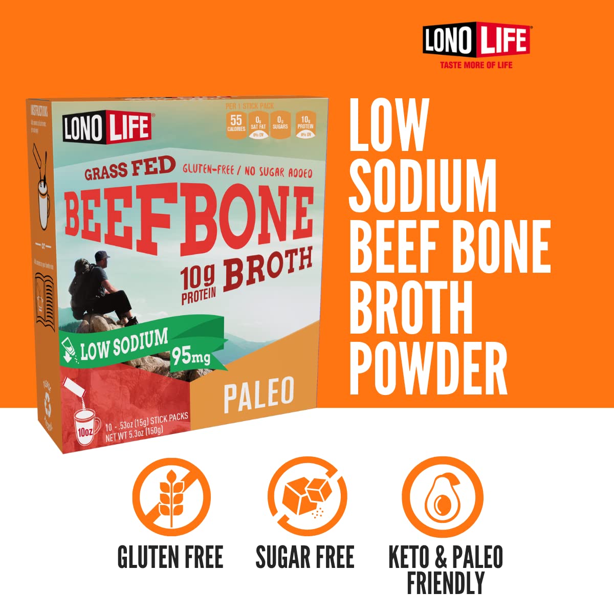 LonoLife Grass-fed Beef Bone Broth ingredients visible for natural, real-food flavor.