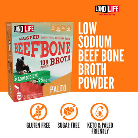 LonoLife Grass-fed Beef Bone Broth ingredients visible for natural, real-food flavor.