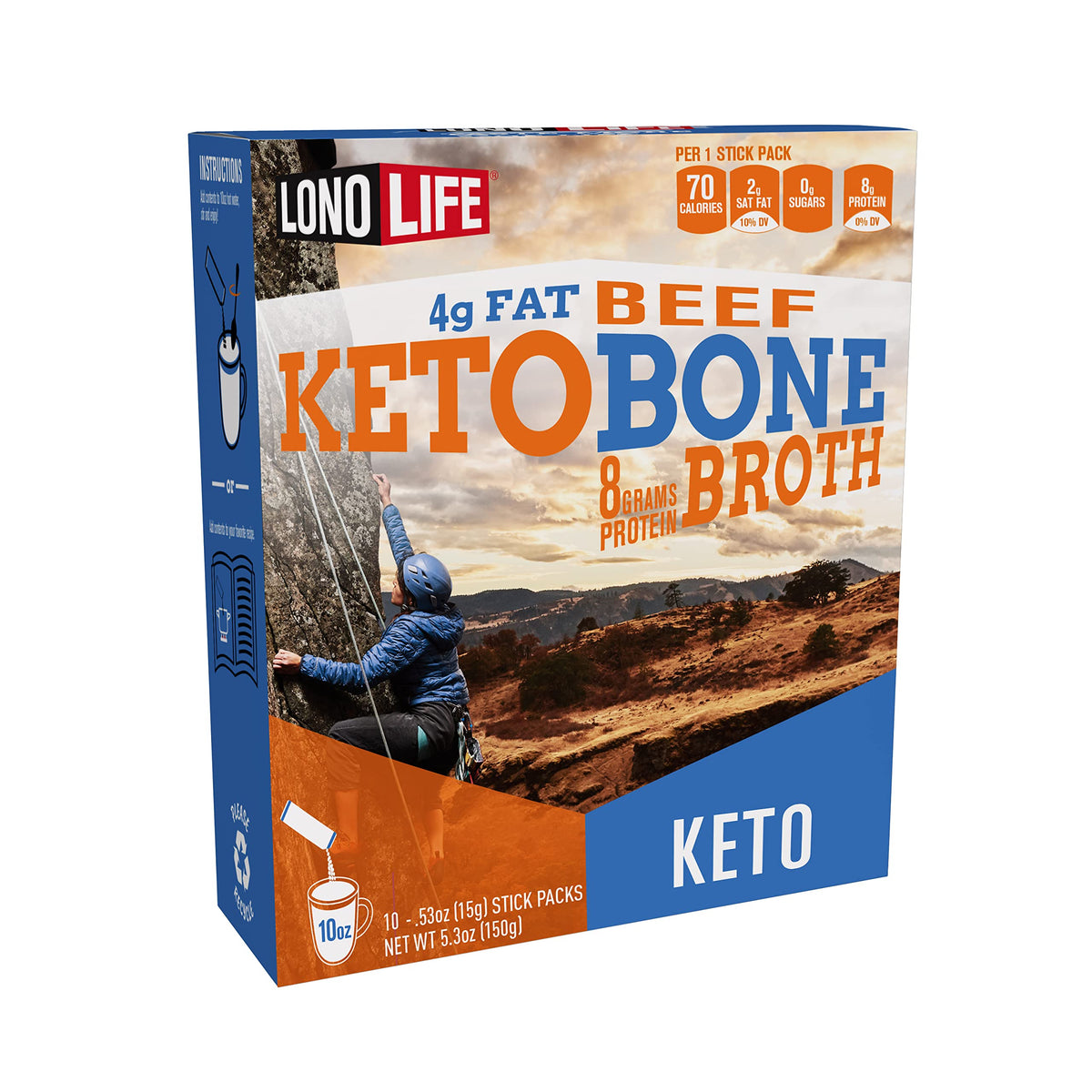 LonoLife keto beef bone broth powder pack for convenient savory fuel on keto days.