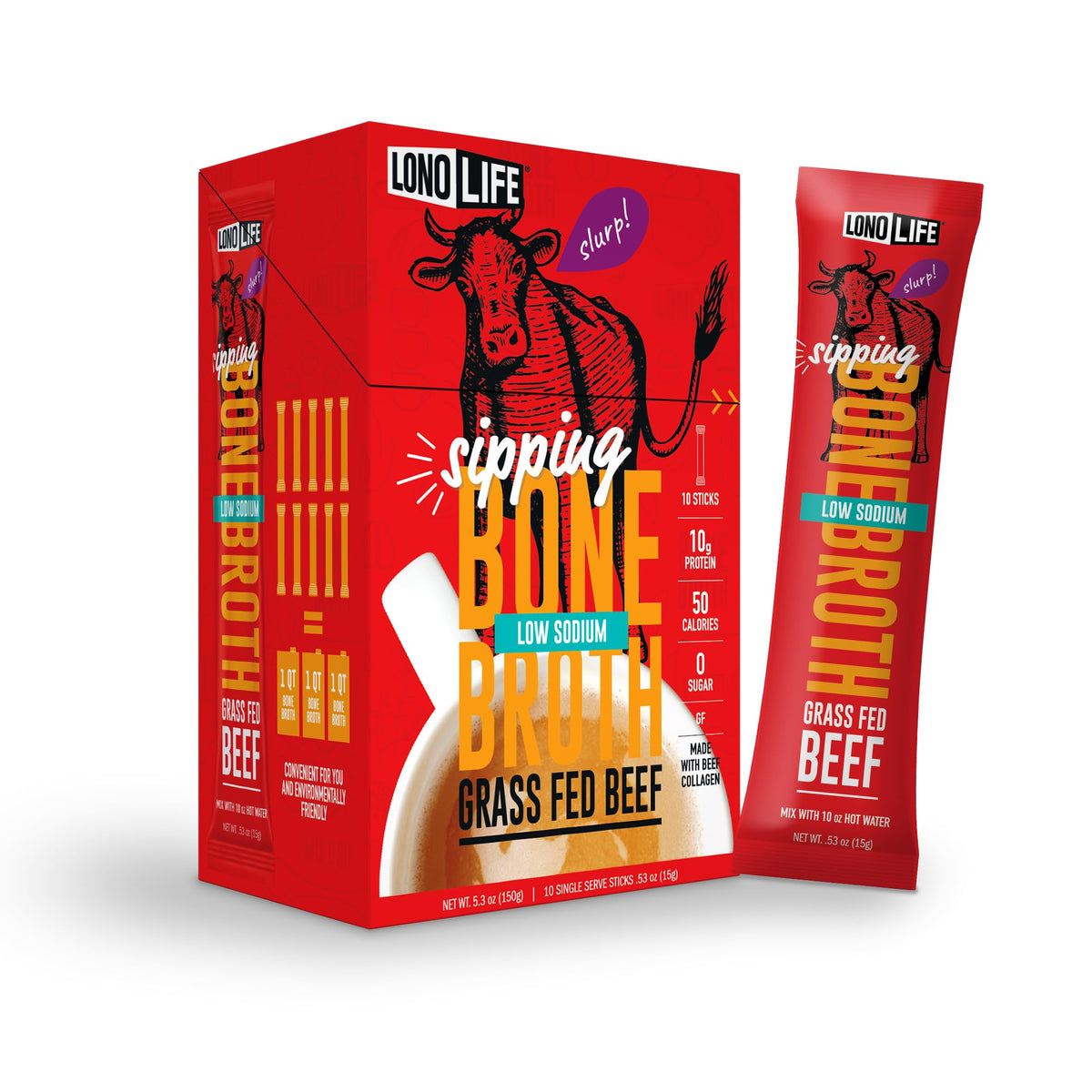 LonoLife Low Sodium Beef Bone Broth Powder stick-pack ready for quick, keto-friendly meals.