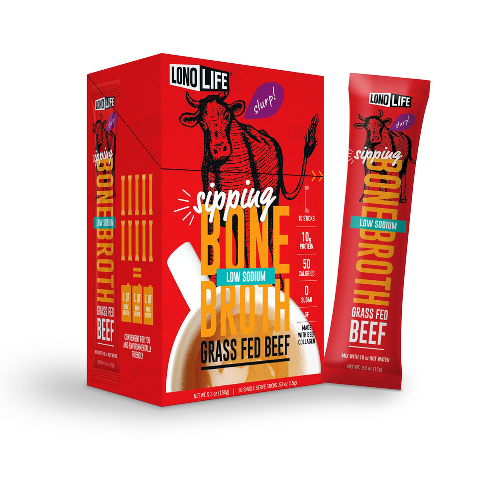 LonoLife Low Sodium Beef Bone Broth Powder stick-pack ready for quick, keto-friendly meals.