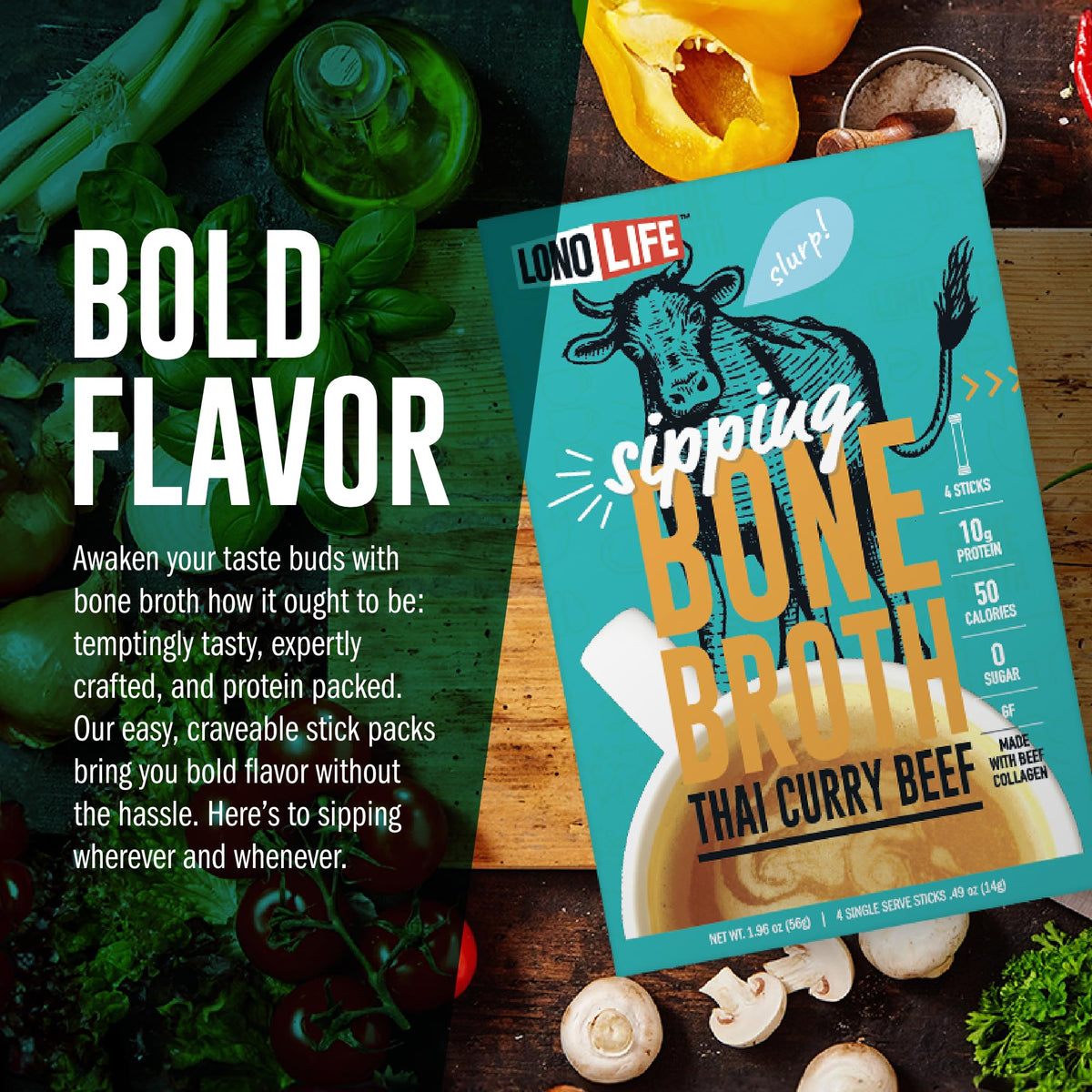 LonoLife Natural Ingredients Bone Broth Pack shots highlight no artificial additives.