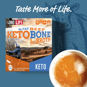 LonoLife stick-pack serving ready to mix hot broth for on-the-run moments.