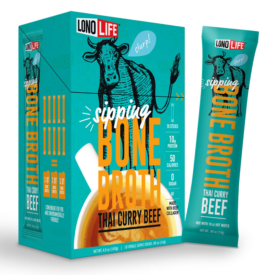 LonoLife Thai Curry Beef Bone Broth Powder Pack for convenient protein on the go.