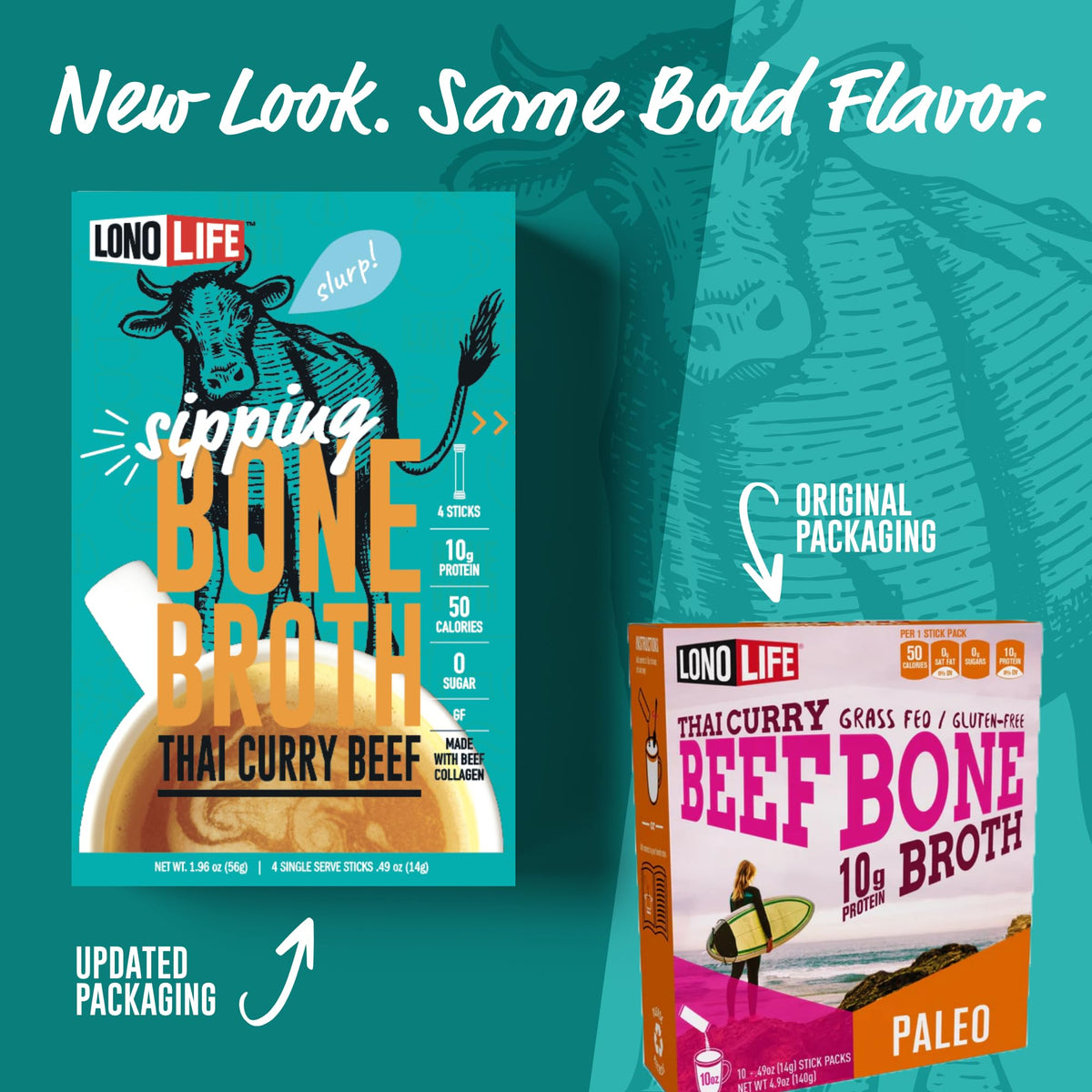 LonoLife Thai Curry Beef Bone Broth Stick Pack ready for quick sip anywhere.