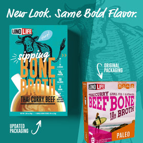 LonoLife Thai Curry Beef Bone Broth Stick Pack ready for quick sip anywhere.