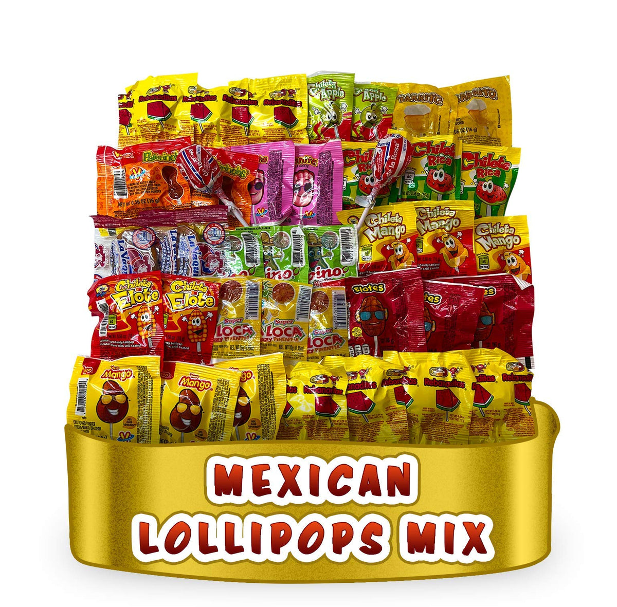 LookOn Mexican Candy Lollipops variety pack closeup; colorful treats for sharing.