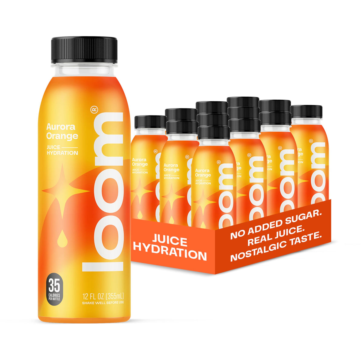 Loom Aurora orange juice bottle showcases real fruit and no added sugar