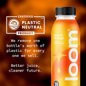 Loom Aurora orange juice label signals Non-GMO, vegan, gluten-free credentials