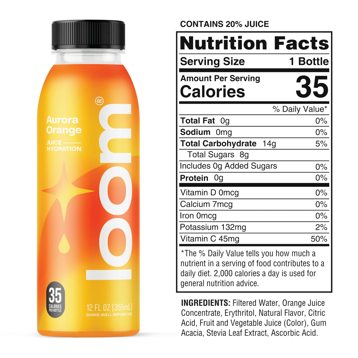 Loom Aurora orange juice pours smoothly highlighting low sugar and fresh flavor