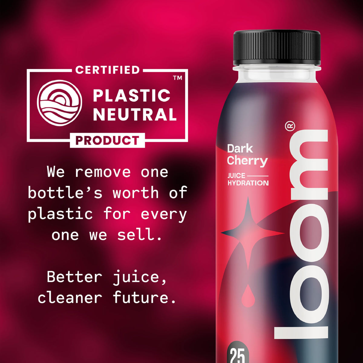 Loom Dark Cherry Juice 12-pack front label emphasizing value and sustainability