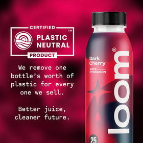 Loom Dark Cherry Juice 12-pack front label emphasizing value and sustainability