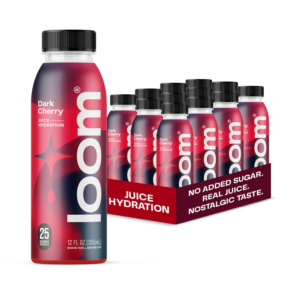 Loom Dark Cherry Juice bottle close-up showing real fruit flavor and low-sugar hydration