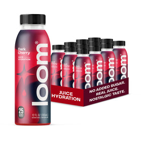 Loom Dark Cherry Juice bottle close-up showing real fruit flavor and low-sugar hydration