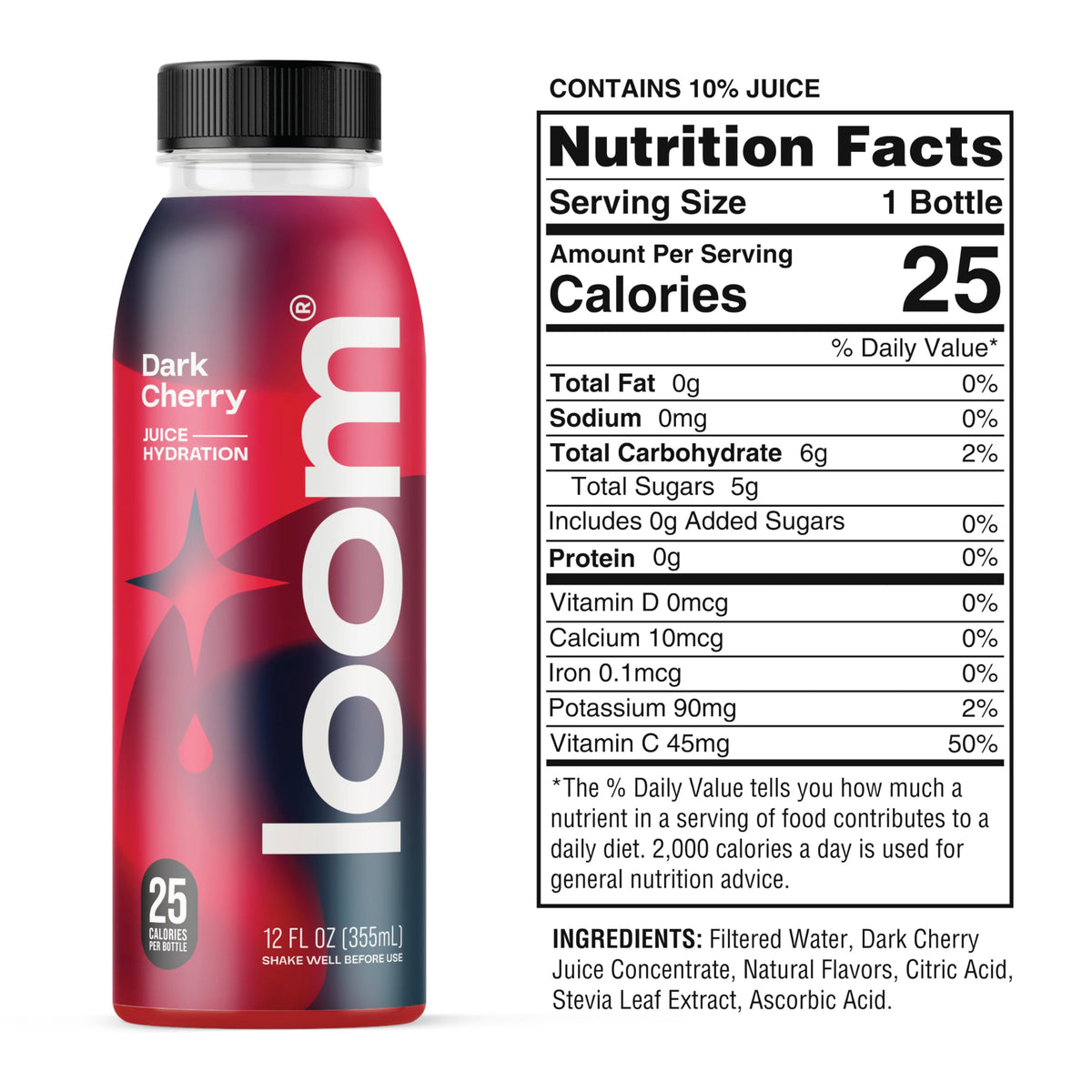 Loom Dark Cherry Juice pack shot highlighting a 12-pack for convenient use