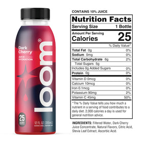 Loom Dark Cherry Juice pack shot highlighting a 12-pack for convenient use