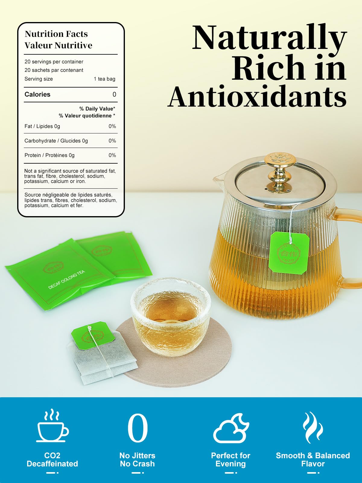 Loomica CO-OP 1950 decaf oolong tea bags hot brew setup