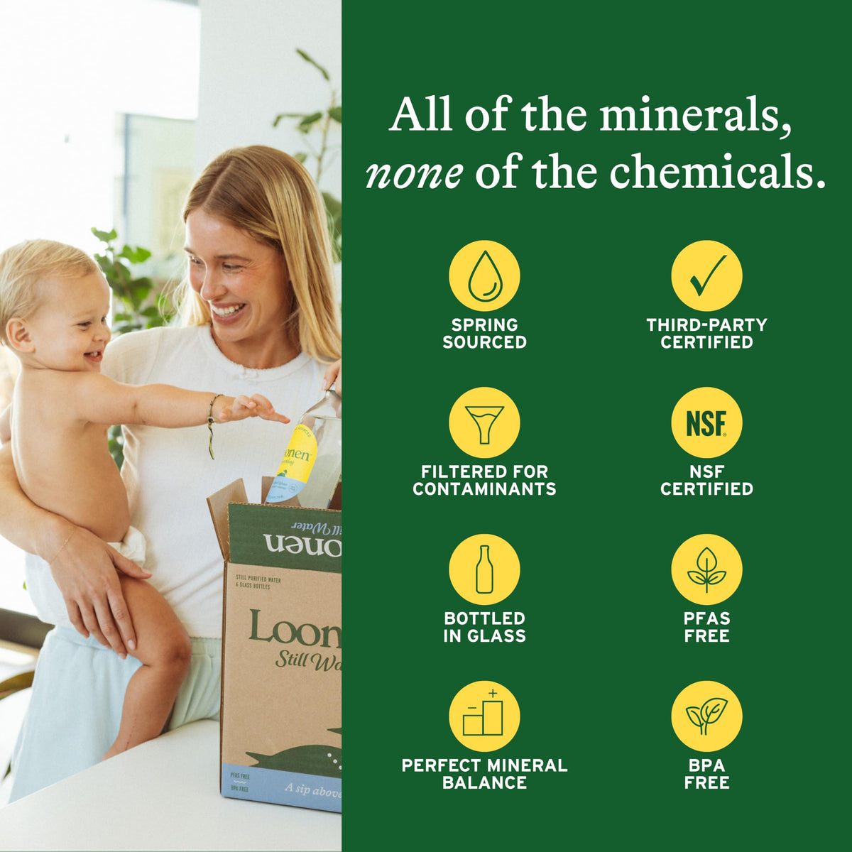 Loonen Still mineral-balanced water highlighting calcium, magnesium, potassium, and sodium.