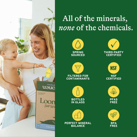 Loonen Still mineral-balanced water highlighting calcium, magnesium, potassium, and sodium.