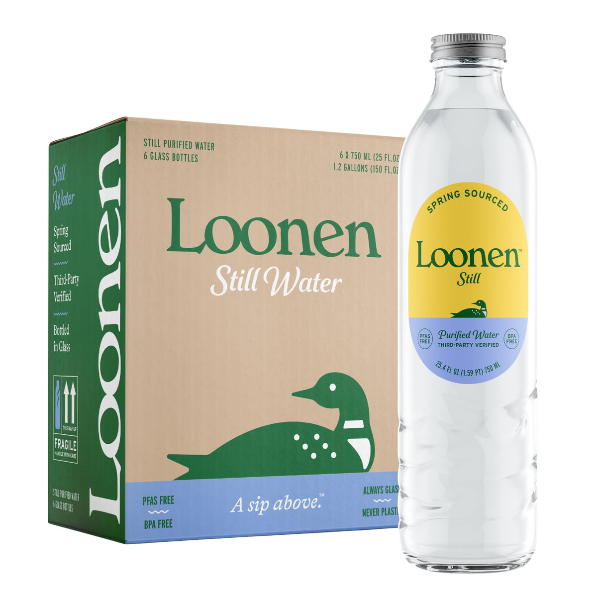 Loonen Still glass bottle standing, clean plastic-free hydration from a mountain spring.