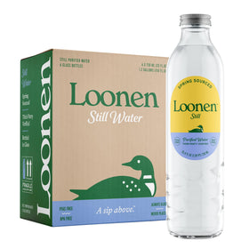 Loonen Still glass bottle standing, clean plastic-free hydration from a mountain spring.