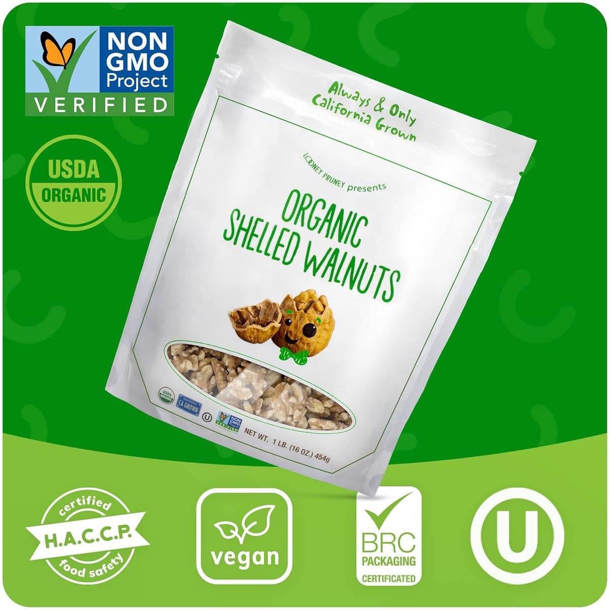 Looney Pruney California harvest walnuts, two-bag packaging for freshness.