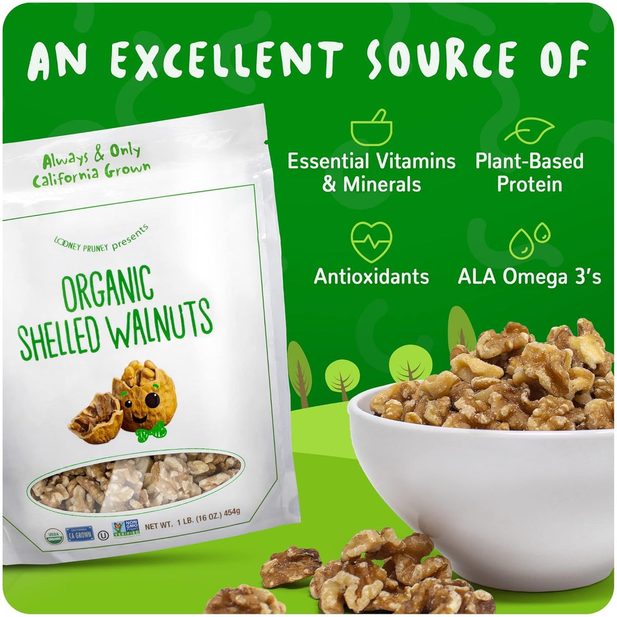 Looney Pruney walnut pieces for baking, salads, and yogurt toppings.