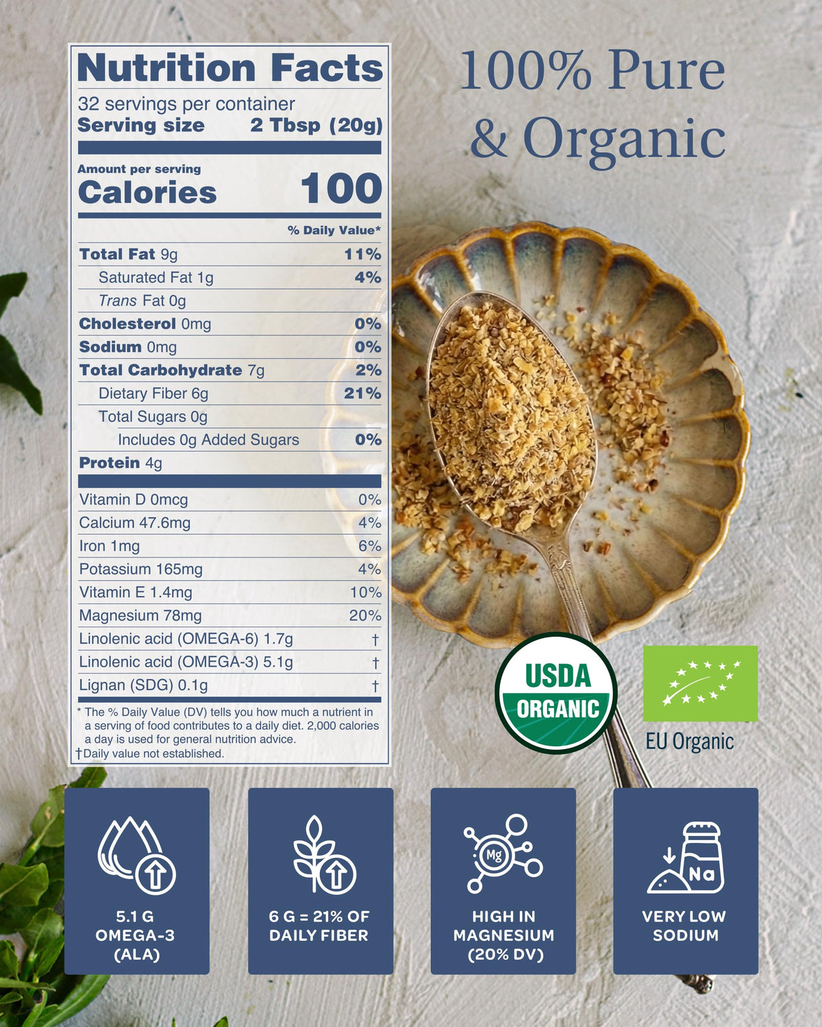 LOOV flaxseed being poured from a jar, convenient omega-3 boost.