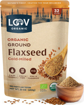 LOOV Organic Ground Flaxseed bag close-up, rich in fiber for digestive comfort.