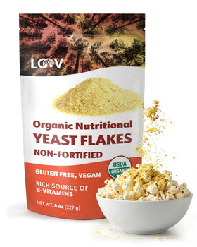 LOOV organic non-fortified nutritional yeast flakes in an 8 oz resealable bag for vegan flavor