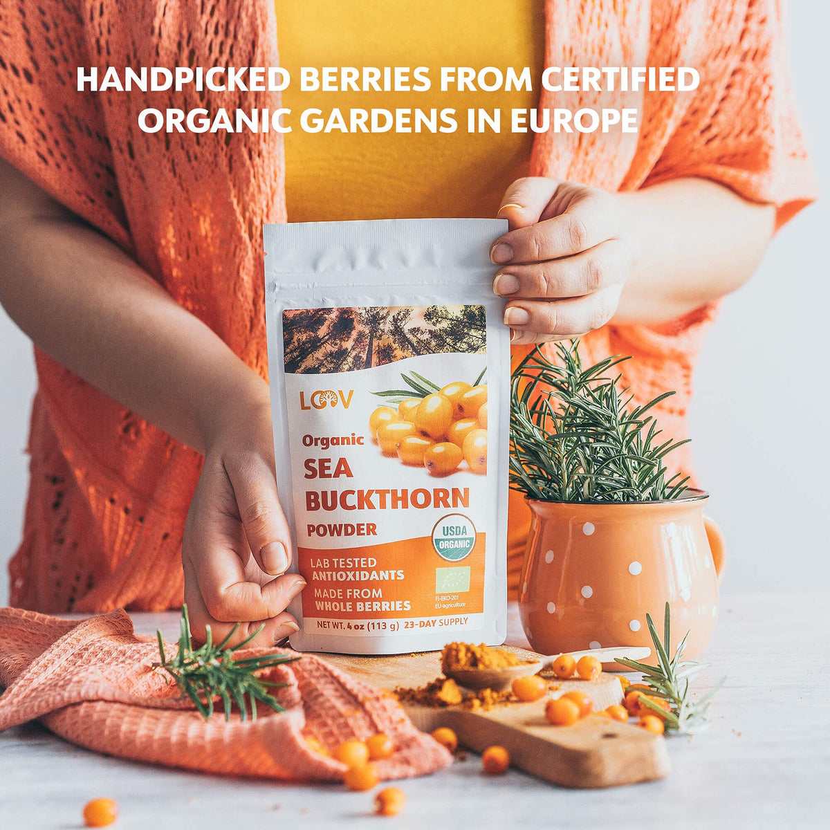 LOOV sea buckthorn powder stirred into porridge for omega nutrition