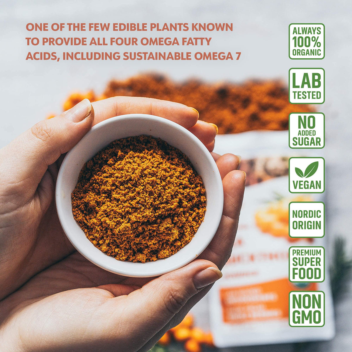 LOOV sea buckthorn powder added to a smoothie for color and nutrients